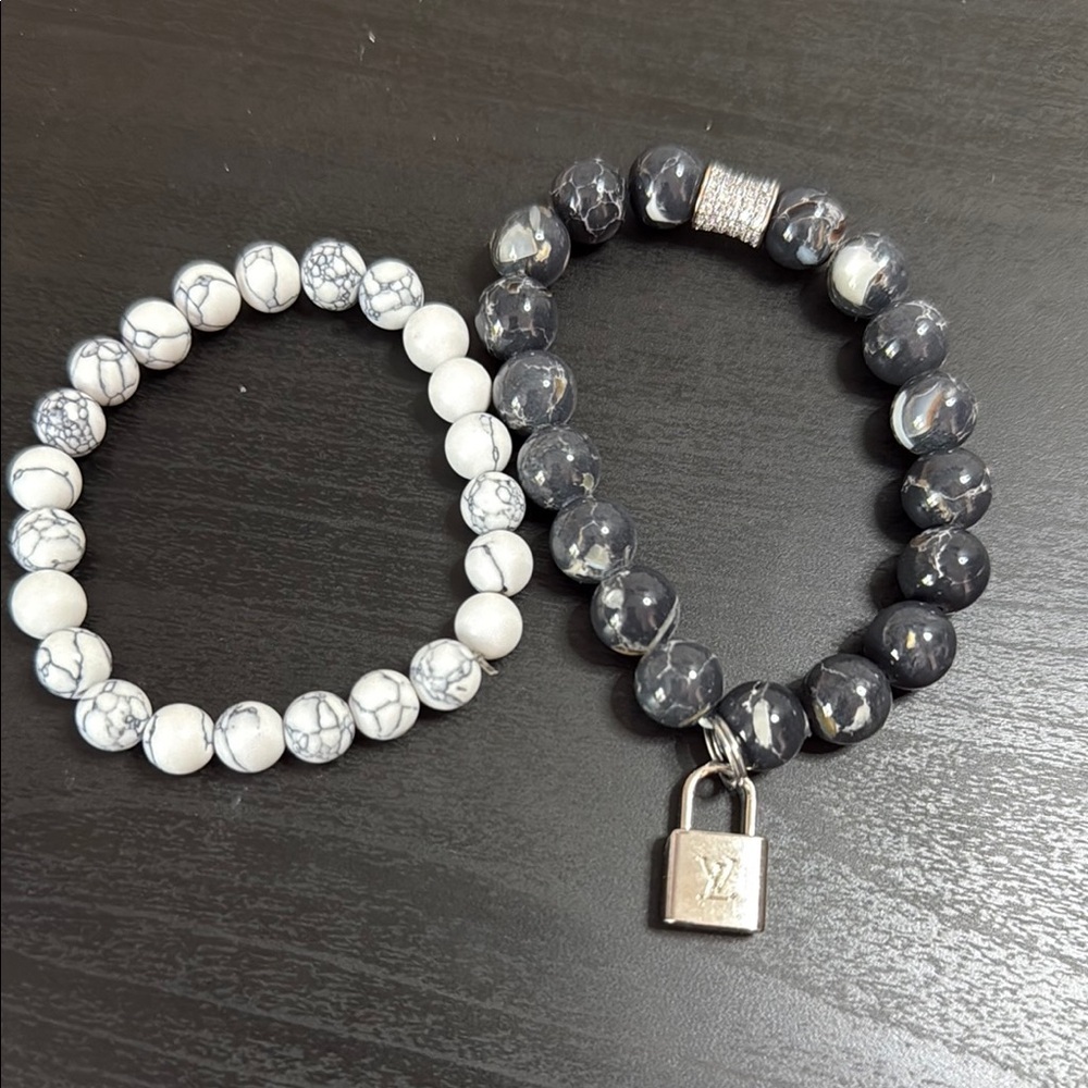Black and White Beaded Bracelets with Lock Charm